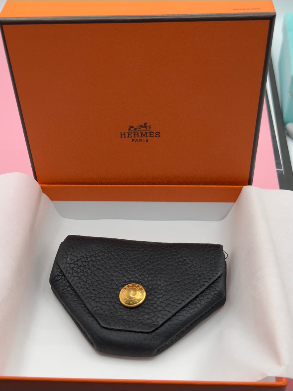 Hermès Black Leather Coin Holder with Gold Accent